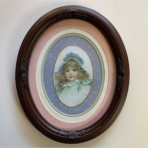 Oval 9.5 by 11.5 Inch Dark Wood Frame with Handcrafted Picture of Young Girl